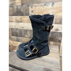 Birkenstock Suede Patent Leather Shearling Lined Boots Black Gold Buckle 37 L6